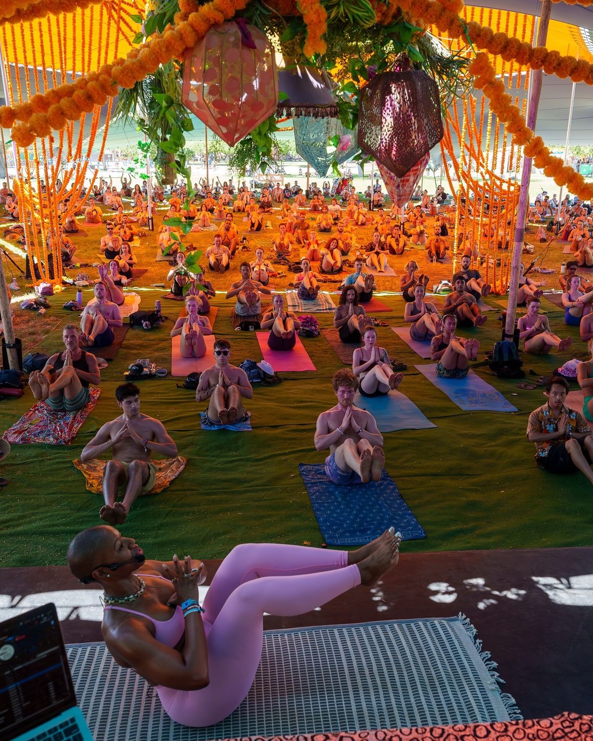 Large yoga class gathering